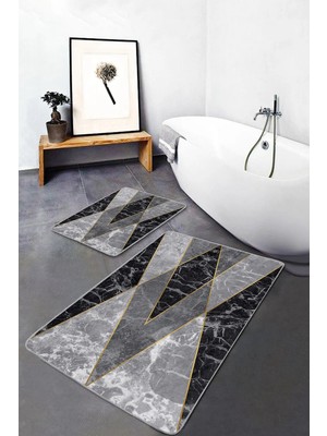 Rem Home Remhome 2'li Set Gri - Siyah Zeminde Mermer Motifli Geometrik Geometrik Klasik 2'li Banyo Paspas Takımı Takım Banyo Paspası