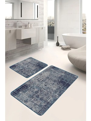 Rem Home Remhome 2li Set Lacivert Zeminde Örme Motifli Kilim Desenli Eskitme Motifli Vintage 2'li Banyo Paspas Takımı Takım Banyo Paspası