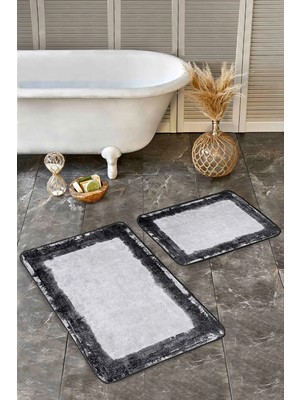 Rem Home Remhome 2'li Set Siyah - Gri Zeminde Çerçeveli Motifli Dokuma Klasik Avangarde 2'li Banyo Paspas Takımı Takım Banyo Paspası