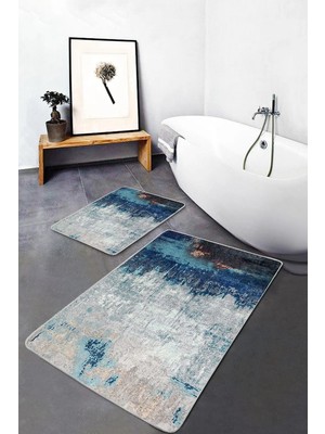 Rem Home Remhome Lacivert - Gri Zeminde Kanvas Motifli Boyama Desenli Modern Eskitme Motifli 2'li Banyo Paspas Takımı Takım Banyo Paspası