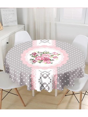 Rem Home Remhome Gri Zemin Puantiyeli Gül Tasarımlı Yuvarlak Masa Örtüsü - Çap 140CM 140 x 140 cm