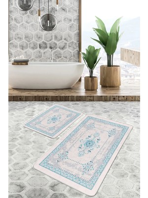 Rem Home Remhome 2'li Set Gri - Mavi Zeminde Retro Motifli Kilim Avangarde Etnik Motifler 2'li Banyo Paspas Takımı Takım Banyo Paspası