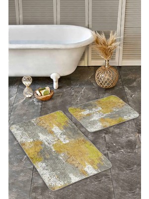 Rem Home Remhome 2'li Set Gold - Gri Zeminde Eskitme Motifli Duvar Eskitme Motifli Klasik 2'li Banyo Paspas Takımı Takım Banyo Paspası