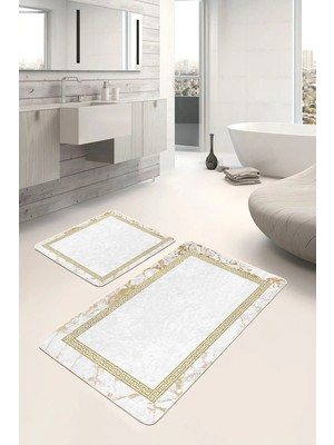 Rem Home Remhome 2'li Set Ekru Zeminde Altın Renkli Motifli Geometrik Vintage Geometrik 2'li Banyo Paspas Takımı Takım Banyo Paspası