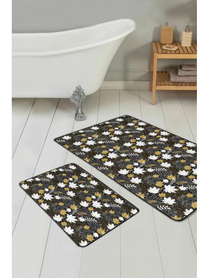 Rem Home Remhome Gold Detaylı Sonbahar Yaprakları Dijital Baskılı 2'li Kaymaz Tabanlı Banyo & Mutfak Paspas Takımı Takım Banyo Paspası