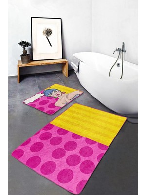 Rem Home Remhome Pembe Sarı Pop-Art Motifli 2'li Kaymaz Tabanlı Banyo & Mutfak Paspas Takımı Takım Banyo Paspası