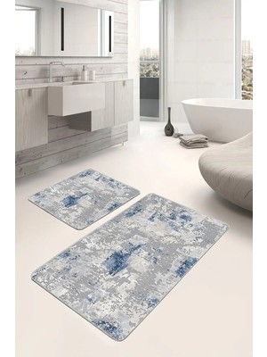 Rem Home Remhome 2'li Set Mavi Zeminde Eskitme Motifli Retro Desenli Eskitme Motifli Modern 2'li Banyo Paspas Takımı Takım Banyo Paspası