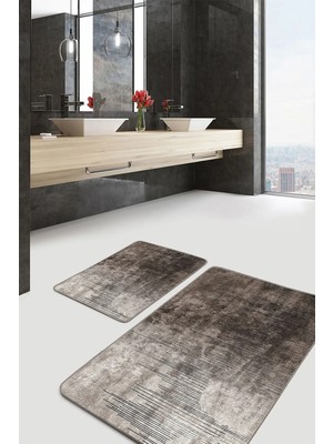 Rem Home Remhome Kahverengi Zeminde Eskitme Motifli Retro Eskitme Motifli Vintage 2'li Banyo & Mutfak Paspas Takımı Takım Banyo Paspası