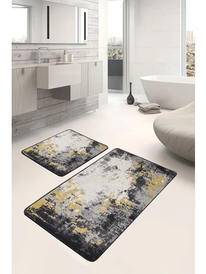 Rem Home Remhome Siyah - Hardal Zeminde Eskitme Motifli Halı Desenli Eskitme Motifli Vintage 2'li Banyo Paspas Takımı Takım Banyo Paspası