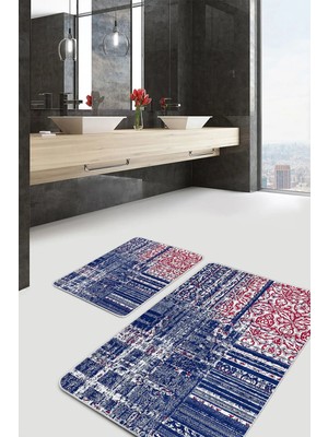 Rem Home Remhome Lacivert - Kırmızı Zeminde Eskitme Motifli Örgü Desenli Eskitme Motifli 2'li Banyo Paspas Takımı Takım Banyo Paspası