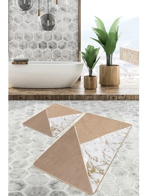 Rem Home Remhome Gold - Kahverengi Zeminde Mermer Motifli Altın Desenli Geometrik Sade & Şık 2'li Banyo Paspas Takımı Takım Banyo Paspası