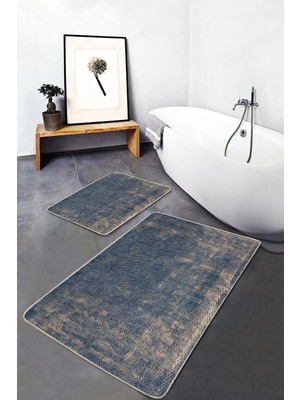 Rem Home Remhome Mavi Bej Zeminde Örme Motifli Dokuma Halı Eskitme Motifli Geometrik 2'li Banyo Mutfak Paspas Takımı Takım Banyo Paspası