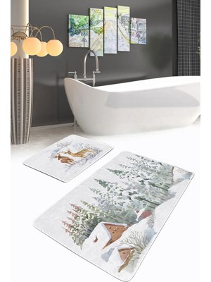 Rem Home Remhome Kış Temalı Bağ Evi Tasarımlı Dijital Baskılı 2'li Kaymaz Tabanlı Banyo & Mutfak Paspas Takımı Takım Banyo Paspası