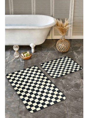 Rem Home Remhome 2'li Set Siyah Beyaz Zeminde Eskitme Motifli Dama Desenli Geometrik Klasik 2'li Banyo Paspas Takımı Takım Banyo Paspası