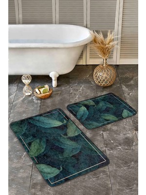 Rem Home Remhome Koyu Lacivert Zeminde Çerçeve Motifli Koyu Yapraklı Floral Summer & Fresh 2'li Banyo Paspas Takımı Takım Banyo Paspası