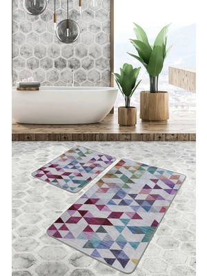 Rem Home Remhome Beyaz Zeminde Soyut Motifli Geometrik Desenli Geometrik Klasik 2'li Banyo & Mutfak Paspas Takımı Takım Banyo Paspası