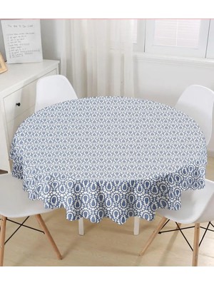 Rem Home Remhome Lacivert Kot Zeminde Soyut Çizimler Baskılı Yuvarlak Masa Örtüsü - Çap 140CM 140 x 140 cm