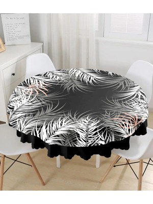 Rem Home Remhome Siyah Zemin Üzerinde Beyaz Yaprak Desenli Yuvarlak Masa Örtüsü - Çap 140CM 140 x 140 cm