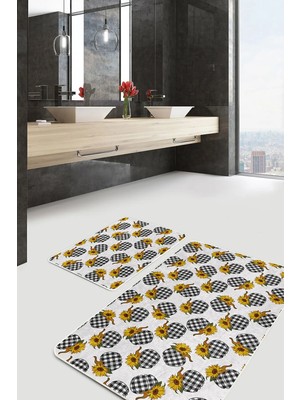 Rem Home Remhome Ekose Motifli Kabak Tasarım Dijital Baskılı 2'li Kaymaz Tabanlı Banyo & Mutfak Paspas Takımı Takım Banyo Paspası