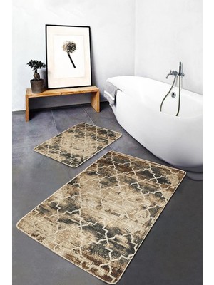 Rem Home Remhome 2'li Set Krem Zeminde Morrocan Motifli Otantik Geometrik Eskitme Motifli 2'li Banyo Paspas Takımı Takım Banyo Paspası