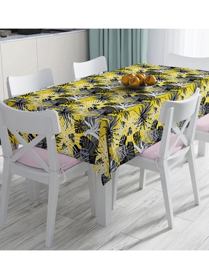 Rem Home Remhome Sarı Zemin Üzerinde Beyaz ve Gri Yaprak Motifli Dijital Baskılı Masa Örtüsü 90 x 90 cm