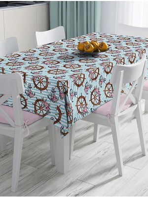 Rem Home Remhome Mavi Çizgili Çapa Dümen Motifli Dijital Baskılı Modern Masa Örtüsü 90 x 90 cm