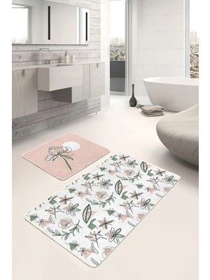 Rem Home Remhome Tropik Çiçek Motifli 2'li Banyo Paspas Takımı & Mutfak Paspas Seti Takım Banyo Paspası