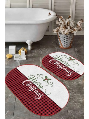Rem Home Remhome Mery Christmas Motifli 2'li Oval Kaymaz Tabanlı Banyo Paspas Takımı & Mutfak Paspas Seti Takım Banyo Paspası