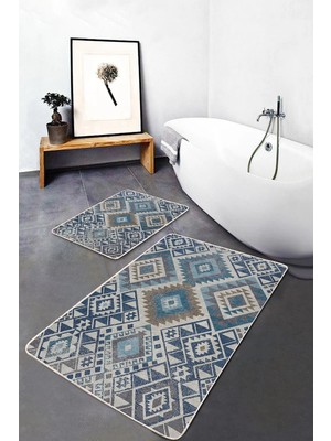 Rem Home Remhome 2'li Set Kot Mavi Zeminde Etnik Geometrik Motifli Aztec Geometrik Klasik 2'li Banyo Paspas Takımı Takım Banyo Paspası