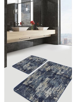Rem Home Remhome Gri Füme Zeminde Eskitme Motifli Art Sanatsal Eskitme Motifli Vintage 2'li Banyo Mutfak Paspas Takım Takım Banyo Paspası