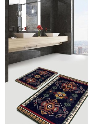 Rem Home Remhome Lacivert Zeminde Yöresel Motifli Dokuma Etnik Motifler Avangarde 2'li Banyo & Mutfak Paspas Takımı Takım Banyo Paspası