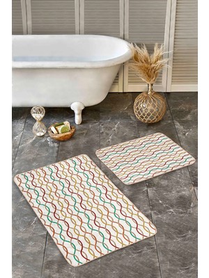 Rem Home Remhome 2'li Set Ekru - Bej Zeminde Geometrik Motifli Kilim Geometrik Sade & Şık 2'li Banyo Paspas Takımı Takım Banyo Paspası