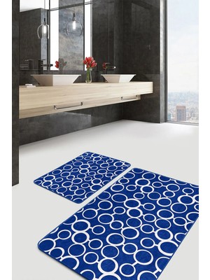 Rem Home Remhome 2'li Set Lacivert Zeminde Dairesel Motifli Geometrik Geometrik Klasik 2'li Banyo Paspas Takımı Takım Banyo Paspası