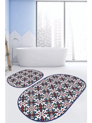 Rem Home Remhome Geometrik Lacivert Çizimli 2'li Oval Kaymaz Tabanlı Mutfak Paspas Seti & Banyo Halı Takımı Takım Banyo Paspası