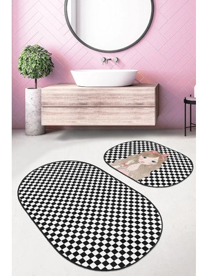 Rem Home Remhome Dama Tasarım Rujlu Kız Motifli 2'li Oval Kaymaz Tabanlı Banyo & Mutfak Paspas Takımı Takım Banyo Paspası