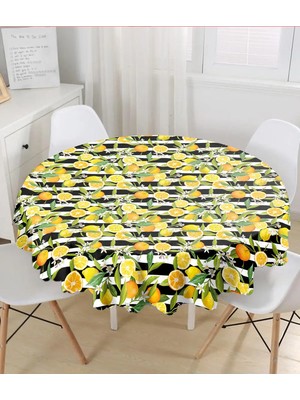 Rem Home Remhome Çizgili Siyah Zeminli Limon Desenli Yuvarlak Masa Örtüsü - Çap 140CM 140 x 140 cm