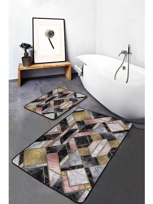 Rem Home Remhome Abstract Zeminde Modern Motifli Mermer Desenli Geometrik Modern 2'li Banyo & Mutfak Paspas Takımı Takım Banyo Paspası