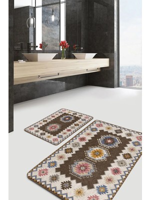 Rem Home Remhome 2'li Set Kahverengi Zeminde Etnik Motifli Kilim Desenli Avangarde Vintage 2'li Banyo Paspas Takımı Takım Banyo Paspası