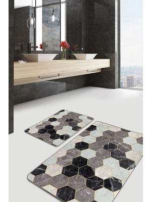 Rem Home Remhome Siyah Kahvernegi Zeminde Geometrik Motifli Altıgen Geometrik Klasik 2'li Banyo Mutfak Paspas Takımı Takım Banyo Paspası