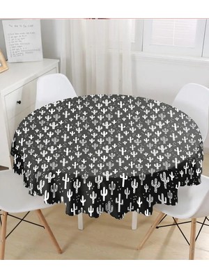 Rem Home Remhome Siyah Beyaz Kaktüs Baskılı Yuvarlak Masa Örtüsü - Çap 140CM 140 x 140 cm