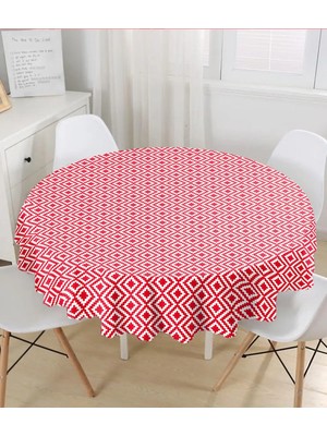 Rem Home Remhome Kırmızı Geometrik Çizimli Dijital Baskılı Modern Yuvarlak Masa Örtüsü - Çap 140CM 140 x 140 cm