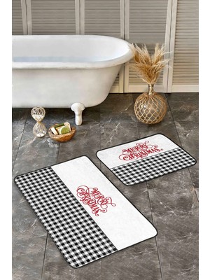 Rem Home Remhome Siyah Ekose Mery Christmas Temalı 2'li Banyo Halısı Seti & Mutfak Paspas Takımı Takım Banyo Paspası
