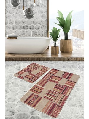 Rem Home Remhome Krem - Kahverengi Zeminde Patchwork Motifli Etnik Etnik Motifler Vintage 2'li Banyo Paspas Takımı Takım Banyo Paspası