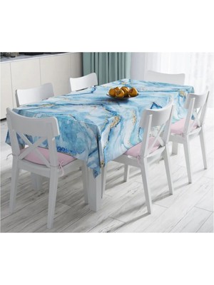 Rem Home Remhome Mavi Renkli Mermer Desenli Dijital Baskılı Leke Tutmaz Masa ÖRTÜSÜ-120X140 cm