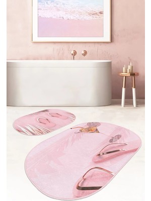 Rem Home Remhome Pembe Gold Detaylı Terlik Tasarımlı 2'li Oval Kaymaz Tabanlı Banyo & Mutfak Paspas Takımı Takım Banyo Paspası