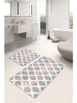 Rem Home Remhome 2'li Set Krem Zeminde Etnik Motifli Geometrik Geometrik Eskitme Motifli 2'li Banyo Paspas Takımı Takım Banyo Paspası