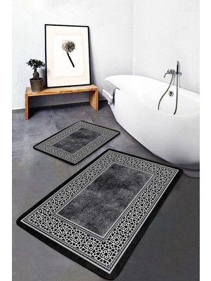 Rem Home Remhome Siyah - Beyaz Zeminde Çerçeveli Motifli Eskitme Desenli Geometrik Avangarde 2'li Banyo Paspas Takımı Takım Banyo Paspası