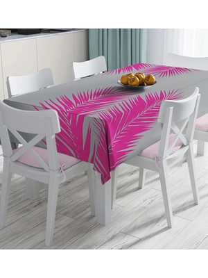 Rem Home Remhome Gri Zeminde Fuşya Palmiye Yaprakları Motifli Dijital Baskılı Masa Örtüsü 90 x 90 cm
