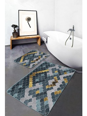 Rem Home Remhome 2'li Set Gold - Mavi Zeminde Pul Motifli Geometrik Geometrik Avangarde 2'li Banyo Paspas Takımı Takım Banyo Paspası