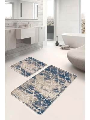 Rem Home Remhome 2'li Set Krem Zeminde Morrocan Motifli Otantik Geometrik Eskitme Motifli 2'li Banyo Paspas Takımı Takım Banyo Paspası